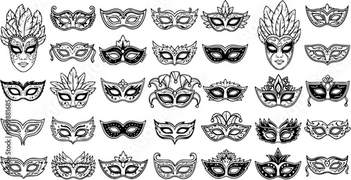 Masquerade and Carnival Masks Black and White Line Art Vector Collection. Hand-Drawn Icons for Celebration, Party, Mystery, and Venetian Event Disguise.