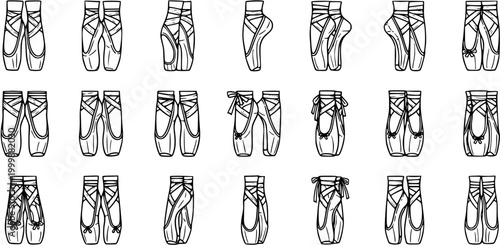 Ballet Pointe Shoes Black and White Line Art Set. Hand-Drawn Dance Footwear Sketches for Performance and Artistic Industry Projects.