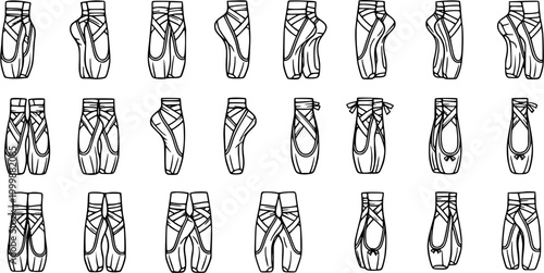 Ballet Dance Industry Black and White Line Art Vector Collection of Pointe Shoes and Ballerina Slippers Icons, Outline Footwear Sketch Set
