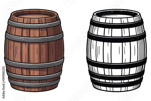 

Wood barrel, bourbon, whiskey retro vintage illustration set, classic aged oak barrel symbols, rustic alcoholic beverage storage icons