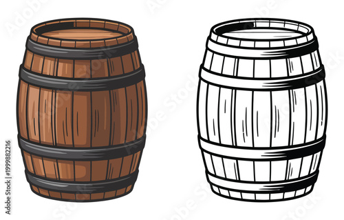 Wood barrel, bourbon, whiskey retro vintage vector collection, old-fashioned whiskey cask and bourbon barrel graphics