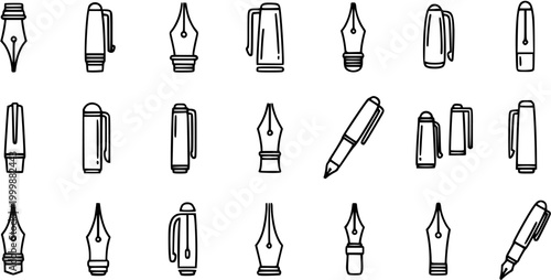 Writing  Stationery Black  White Line Art Glyphs: Fountain Pen, Nib, and Cap Icons Set for Creative, Office, and Education Designs
