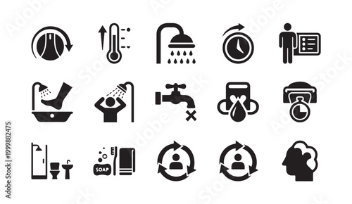 Personal hygiene and bathroom water usage icons with bathroom, personal