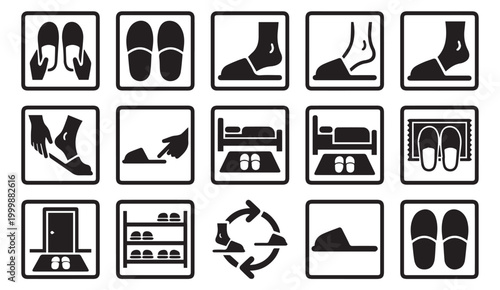 Slipper usage and hotel guest room etiquette icon set with footwear, etiquette
