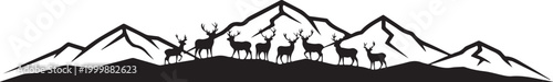 Black silhouette mountain range, deer herd, vector landscape, wildlife scene, nature icons