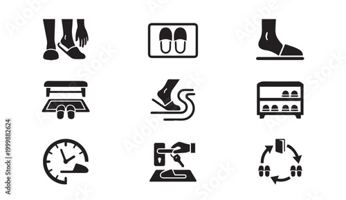 Hotel slipper usage guide and guest room etiquette icons with footwear, domestic