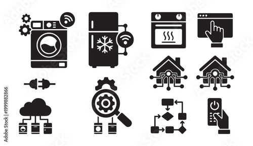 Smart home appliances and automation icons set with automation, technology