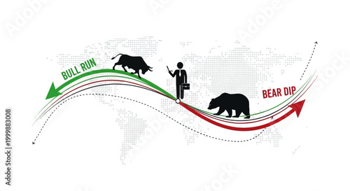 Stock market trends illustrated with bull and bear figures on world map