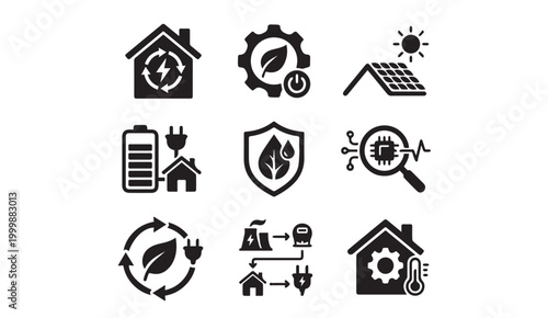 Sustainable energy and smart green home icons with sustainability, renewable