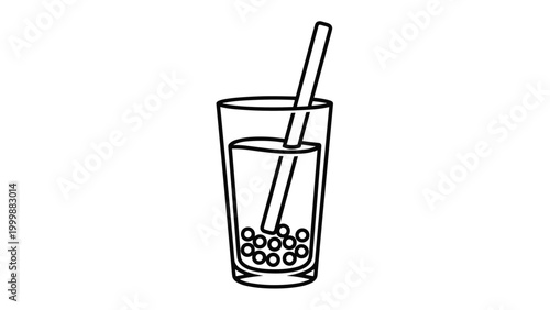 Simple line drawing of a bubble tea glass with round boba pearls and a wide straw for refreshing beverage and cafe menu illustrations.