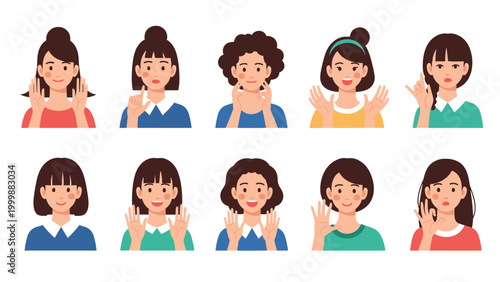 Set of diverse female avatars demonstrating different hand gestures for communication sign language and expressive character designs.