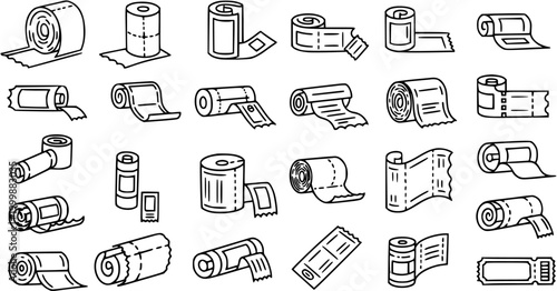 Healthcare, Retail  Household Rolls Vector Outline Icons Set. Black  White Line Art Collection of Bandages, Paper, Toilet Paper, and Tickets.