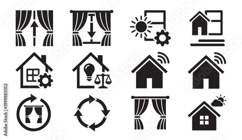 Smart home automation and domestic settings black icon set with smart tech