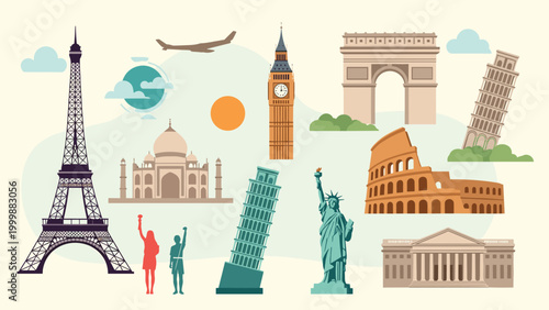 Detailed illustration featuring famous world landmarks like the Eiffel Tower Taj Mahal and Colosseum for travel and tourism marketing.