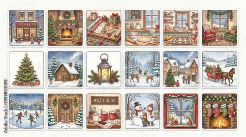 18 Christmas/winter vignettes: indoor cheer, snowy outdoor fun