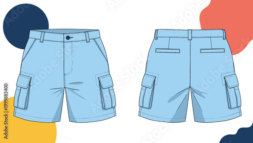 Technical sketch of light blue cargo shorts showing both front and back views for apparel design and fashion manufacturing needs.