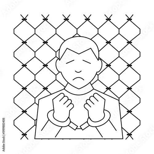 Detained man in handcuffs behind a wire fence.Editable stroke, Vector illustration, Line art Icon, Symbols.