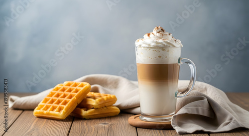 Segelas latte macchiato dengan krim kocok dan kue wafel panggang di atas meja kayu untuk konsep sarapan pagi yang hangat dan menggugah selera.