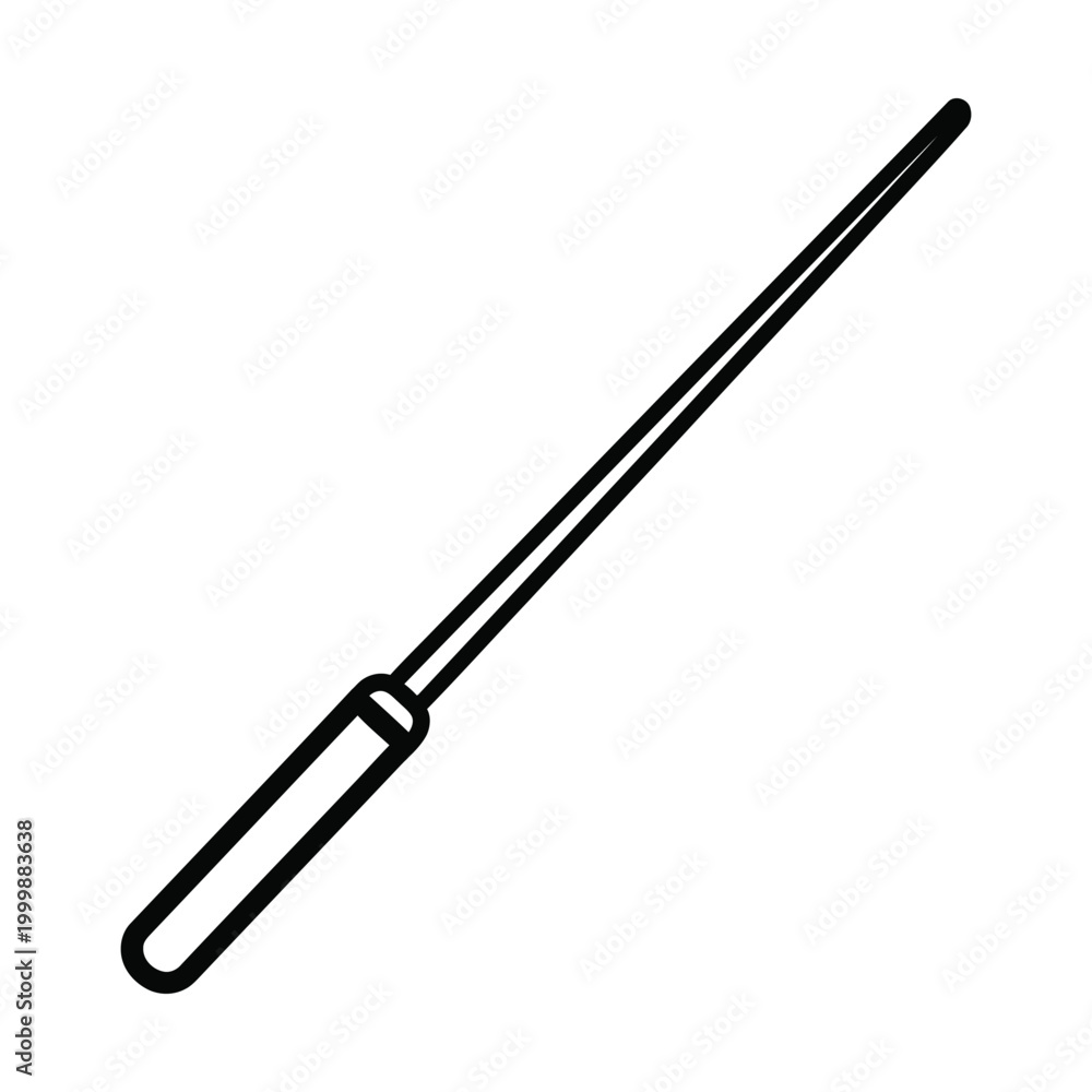 Obraz premium Minimalist black and white line art illustration of a slender, elongated stick-like object with a slightly thicker handle, resembling a wand or a chopstick.