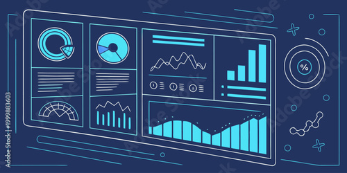 Performance dashboard with analytics charts and KPI metrics for business tracking, digital data visualization vector illustration.