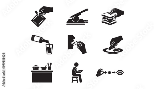 Food preparation and eating instructions icons with preparation, sandwich