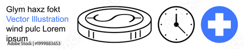 Finance, healthcare, time management, economy, medical services, saving time. A dollar coin, a clock and a medical cross icon. Finance and healthcare symbols in modern business and services