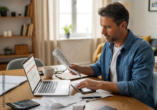 Focused adult man manages personal finances while working at a home office desk