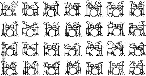 Music Entertainment Black and White Line Art Drum Kit Pattern. Seamless percussion instrument icons for rhythm, band, and sound design.