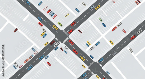 Aerial view of busy city intersection with traffic and cars.