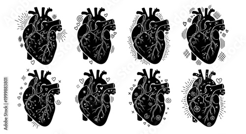 Anatomical Hearts Pattern Illustration on White Background for Medical Design