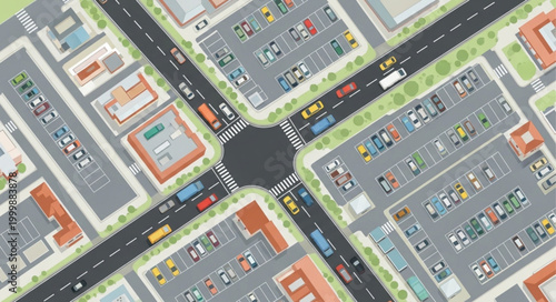 Aerial view of a busy city intersection with traffic and parking lots.