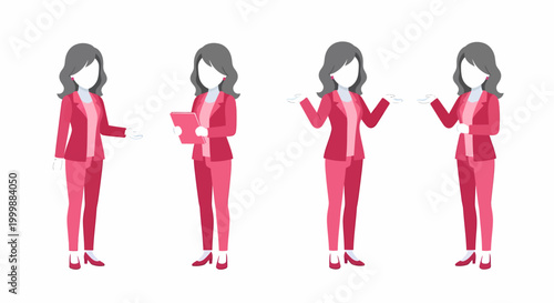 Four cartoon businesswomen in pink suits demonstrating various professional gestures and actions.
