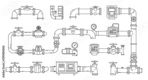 Collection of Industrial Pipe Fittings and Valves Schematic Drawings.