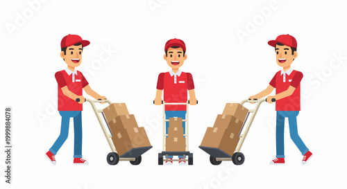 Three cartoon delivery men in red uniforms pushing hand trucks loaded with cardboard boxes, illustrating logistics and shipping.