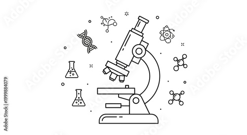 Microscope with science and biology symbols