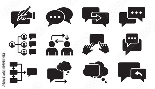 Set of black glyph communication icons for business and social networking