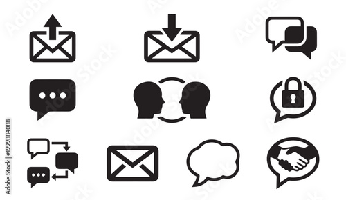 Email and secure communication glyph icon collection with communication