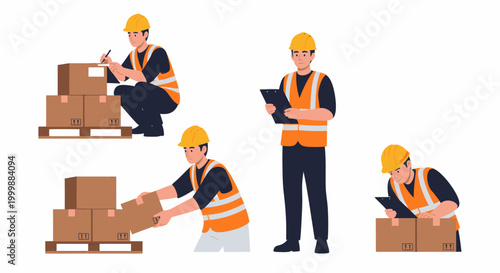 Warehouse worker in safety gear performing various tasks with cardboard boxes and pallets, illustrating logistics and inventory management.