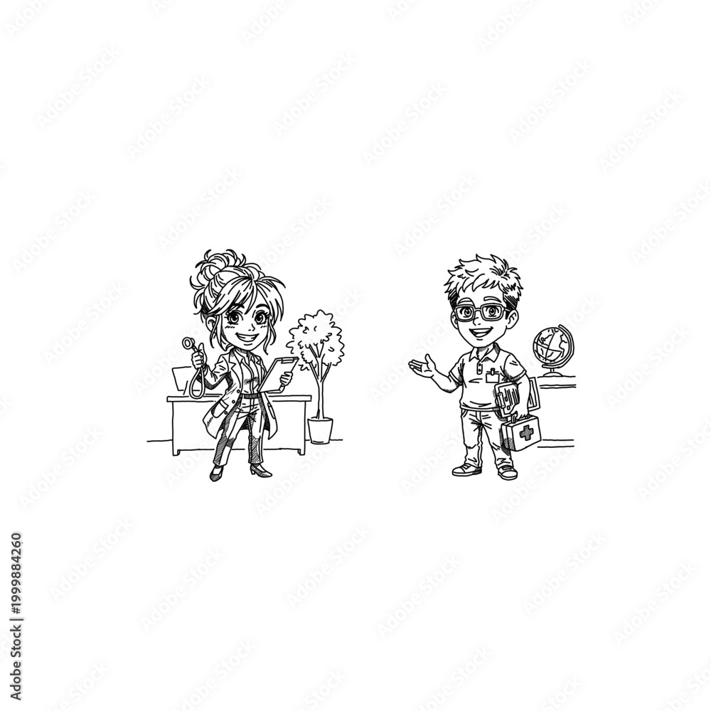 Fototapeta premium Minimalist black line art of a medical team. Professional female doctor with a clipboard and male medic with a first aid kit. Clean vector outline for healthcare icons and coloring books.