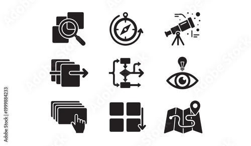 Data analysis and navigation glyph icon set with analysis navigation research