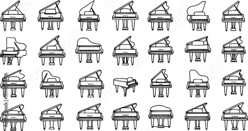 Musical Grand Pianos Line Art Icons Set. Black and White Outline Vector Collection of Instruments for Music, Performance, and Entertainment Designs.