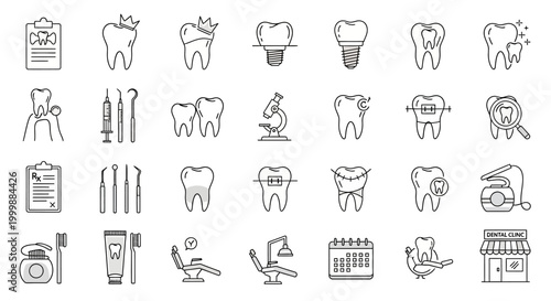 Dental Care Outline Vector Icon Set Representing Dental Health and Hygiene