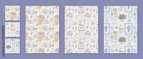 Coquette french brunch icon pattern with cute blue and yellow bakery detail seamless. Seamless breakfast sketch set as romantic food background and wine motif, ideal for picnic menu or cozy cafe card