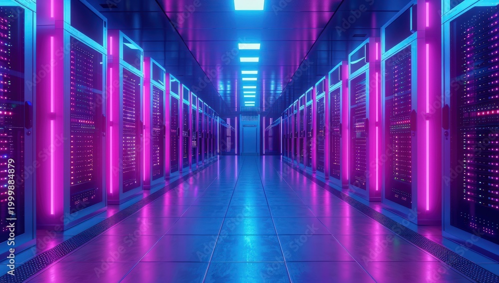 Fototapeta premium Futuristic data center aisle with blue and pink glowing server racks on a reflective floor