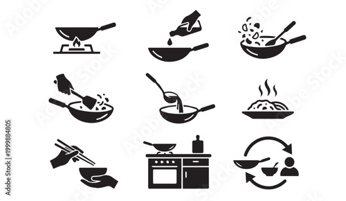 Asian cooking and stir fry icon set with culinary utensils ingredients