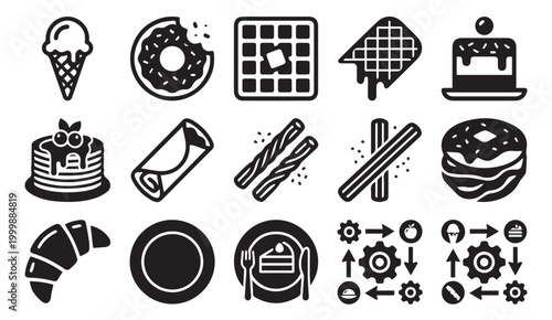 Bakery and dessert icon selection with ice cream croissant delicious frosting