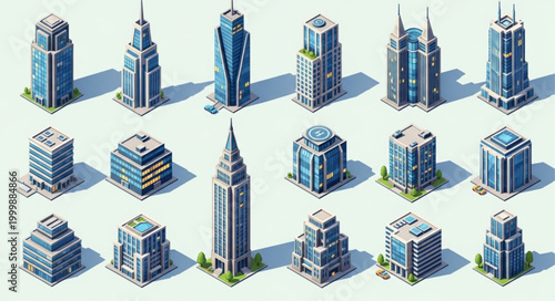 Collection of modern isometric skyscrapers and office buildings.
