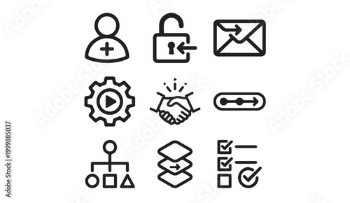 Set of modern minimal business and technology line icons with business, security