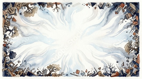 Small houses and trees are scattered by a powerful swirling light or wind in a watercolor painting