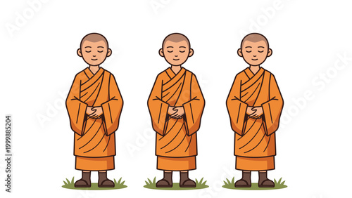 Three Cartoon Buddhist Monks Meditating Peacefully in Orange Robes